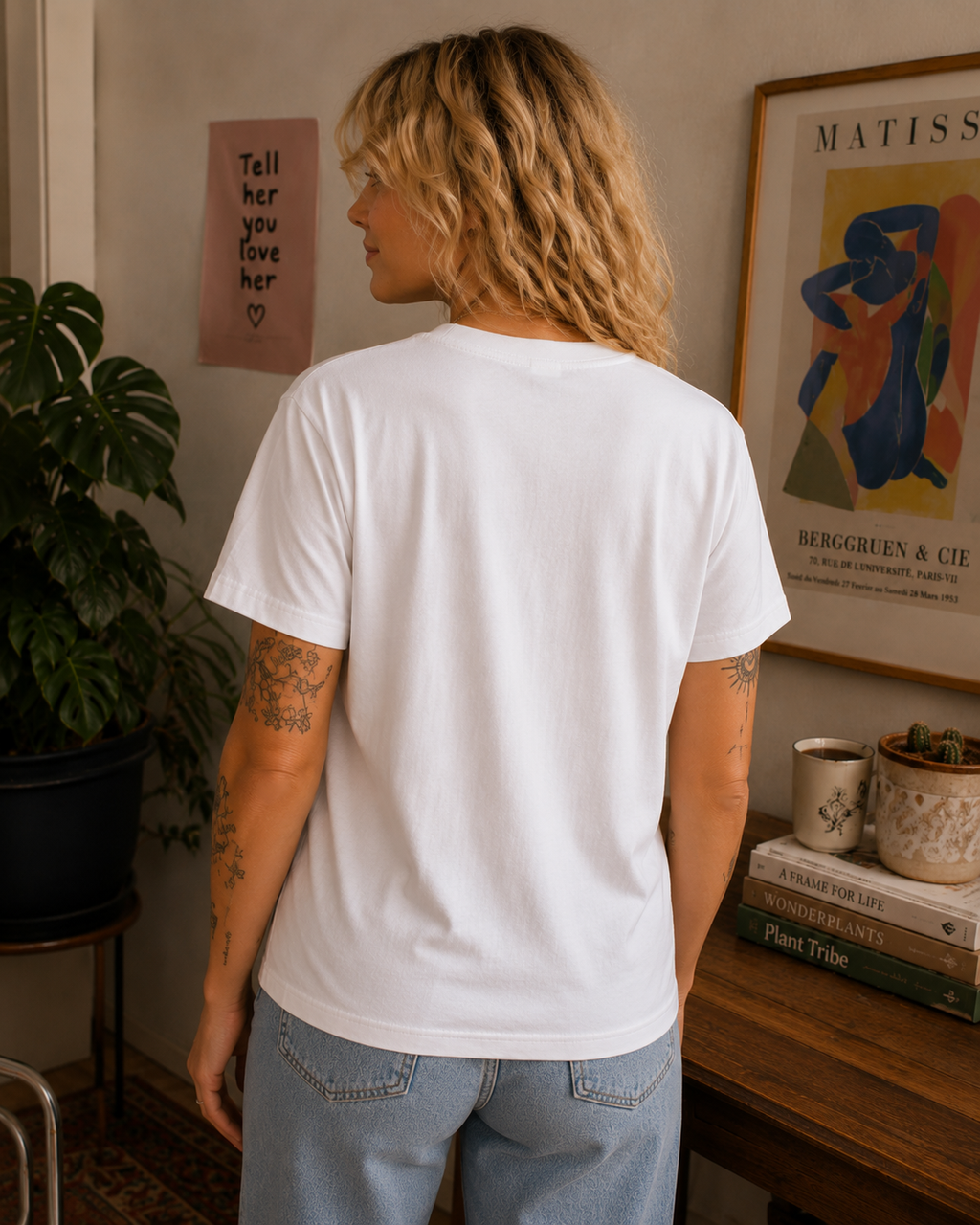 A woman with blonde curly hair is shown from behind wearing a plain white short-sleeve t-shirt and light blue jeans in a cozy, decorated room with a plant, framed art, and books.