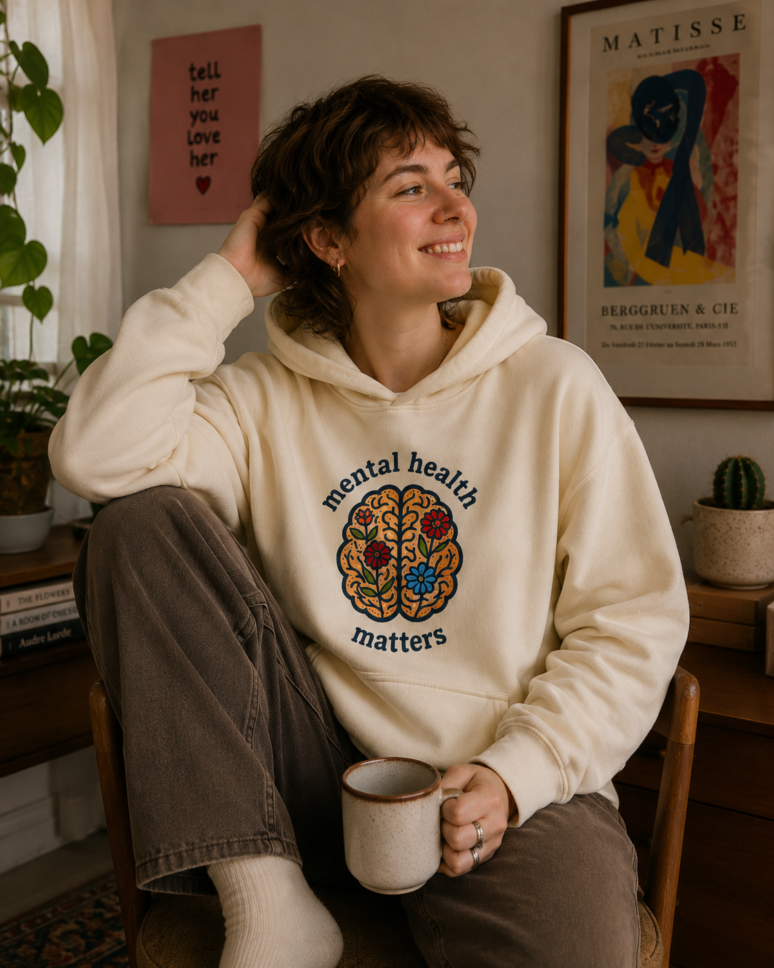 A woman sitting in a cozy room wearing a cream-colored hoodie with a colorful embroidered brain graphic and the words 'mental health matters'. She is holding a ceramic mug, with framed wall art and plants in the background.