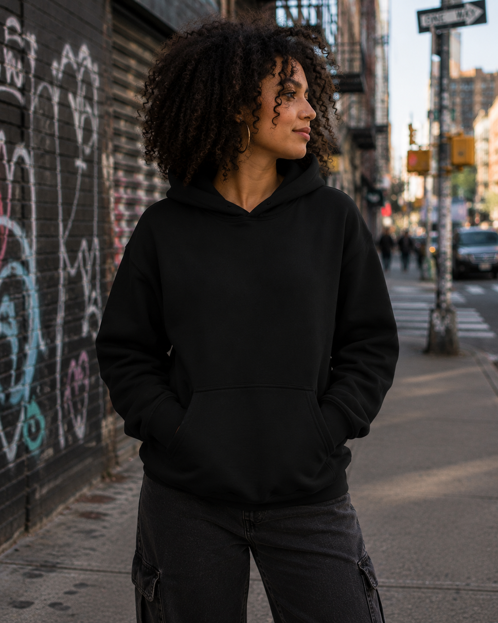 A woman with curly dark hair wearing a black pullover hoodie and dark cargo pants, standing on a city sidewalk next to a graffiti-covered wall.