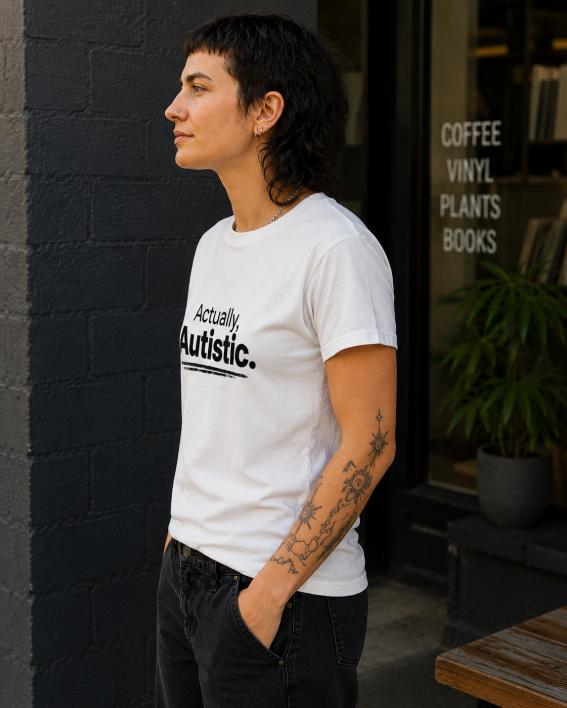 A person wearing a white graphic T-shirt with the text 'Actually, Autistic.' printed in black, standing outdoors in front of a dark brick wall and storefront window.