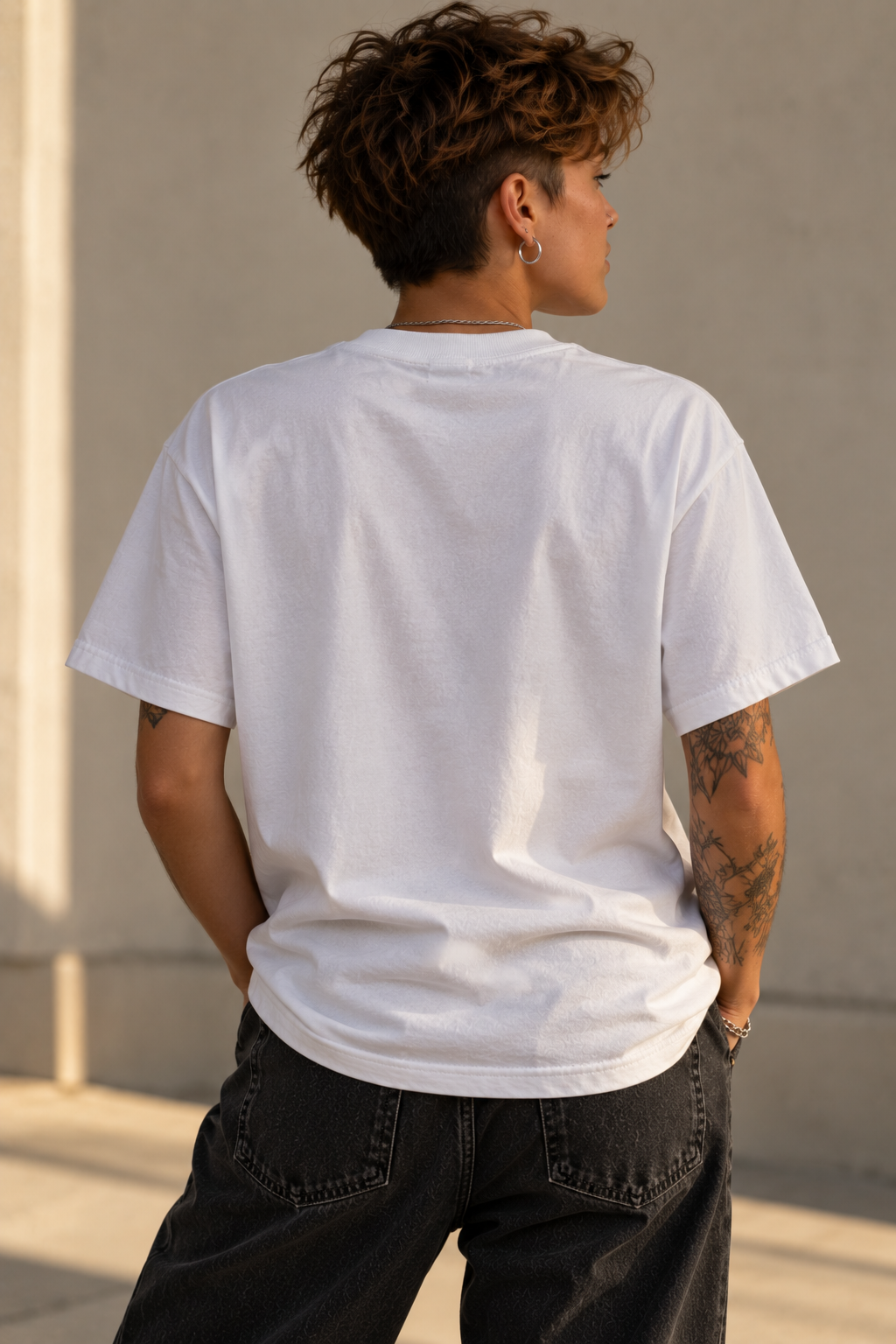 A person shown from behind wearing a plain white short-sleeve T-shirt and dark jeans, standing against a light beige wall.