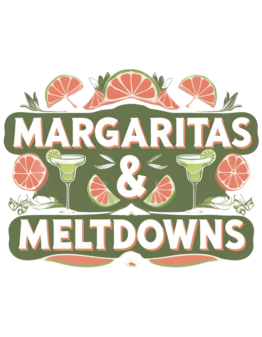 Model wearing Margaritas & Meltdowns slogan T-shirt by Savage Cotton in soft lime green, styled with sunglasses and bold lipstick for summer