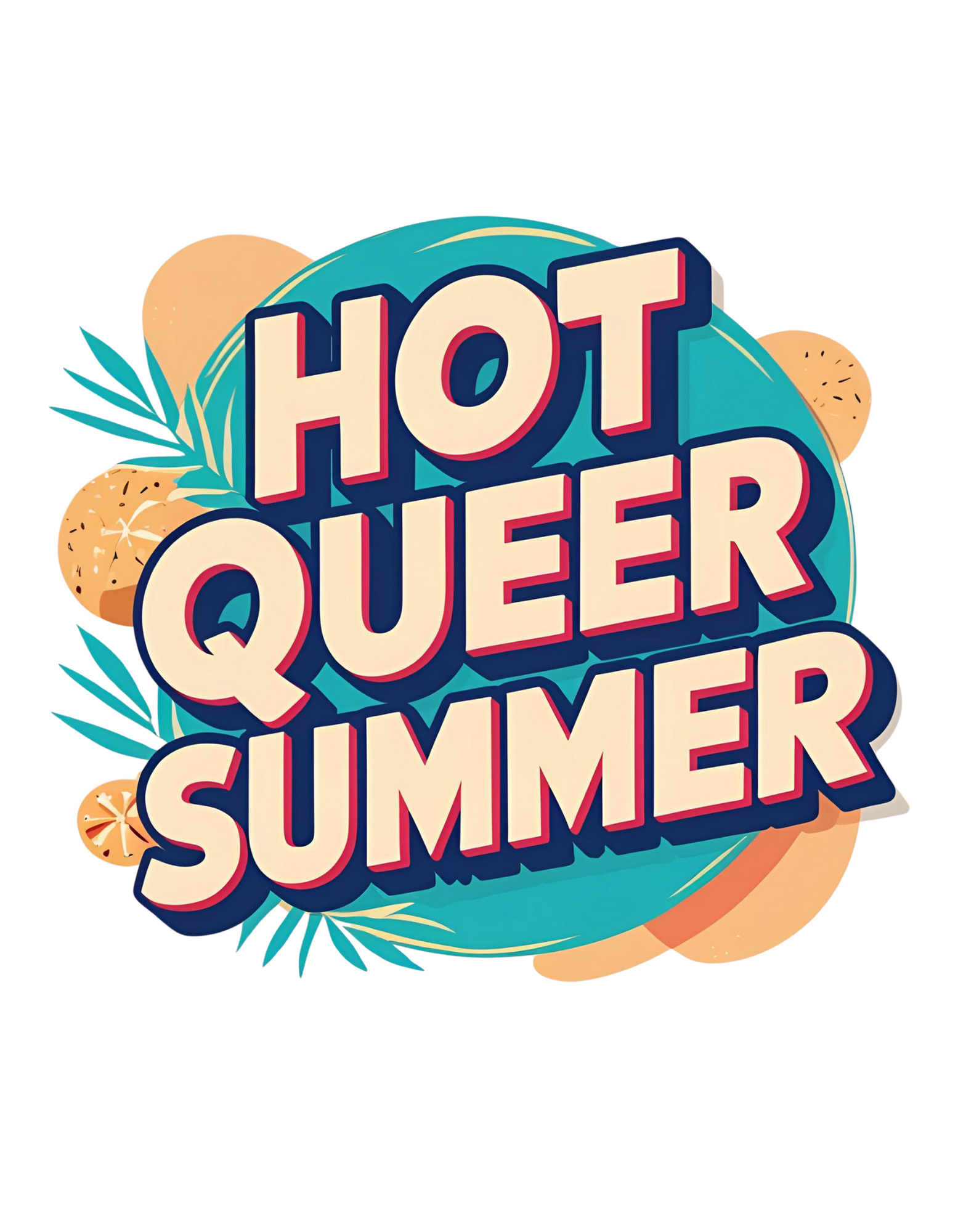Model wearing Hot Queer Summer slogan T-shirt by Savage Cotton in bright coral, styled with sunglasses and rainbow accessories