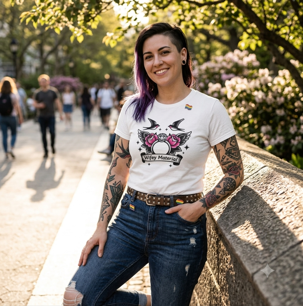 A woman with purple hair and tattoos leans against a stone wall outdoors, wearing a white graphic T-shirt with a pink, black, and white design that reads 'Happy Matters' and a small rainbow flag pin on the chest, paired with blue jeans.