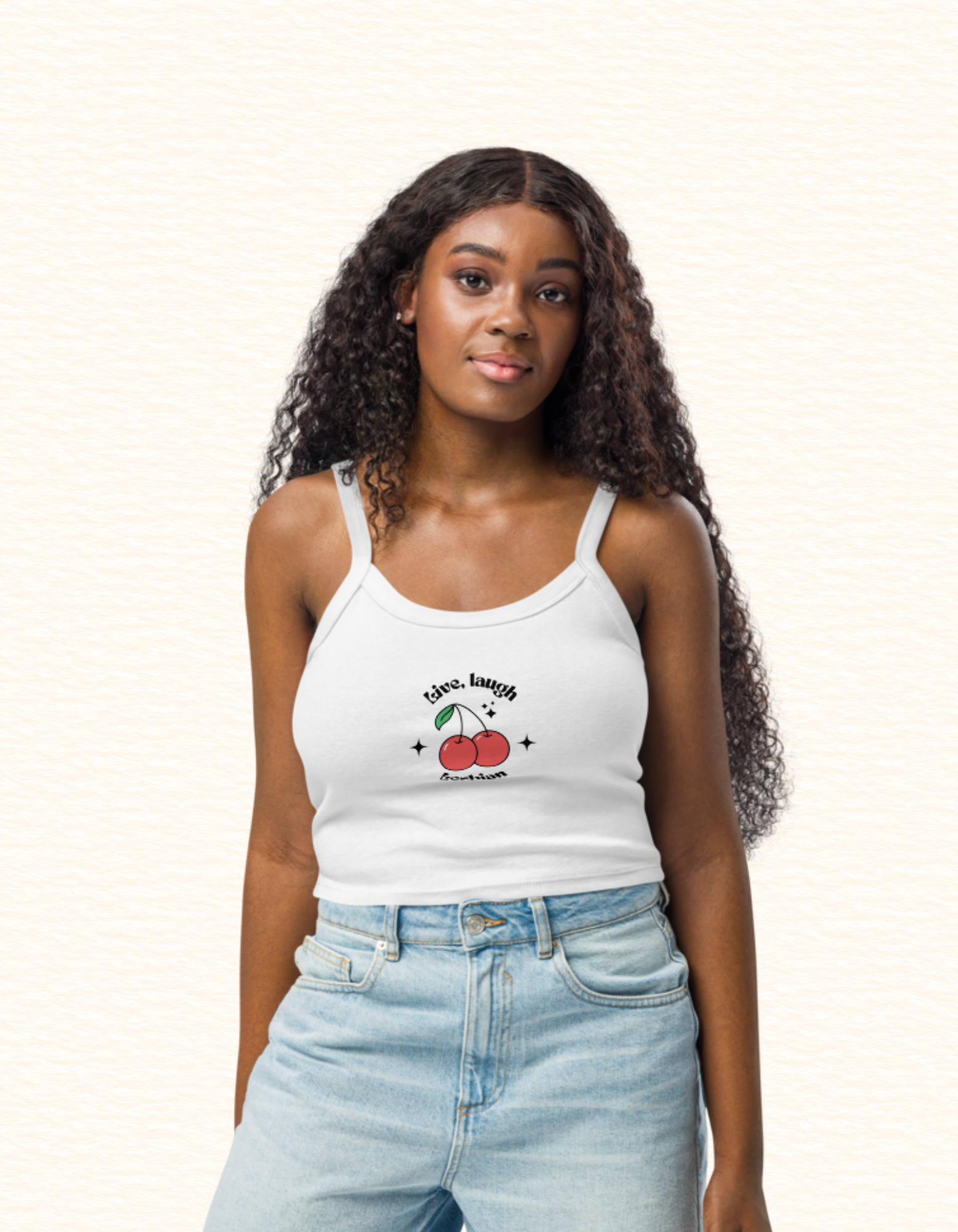 Front view of a Live, Laugh, Lesbian T-shirt featuring vibrant lesbian pride colors and a bold, playful design celebrating queer joy and identity.