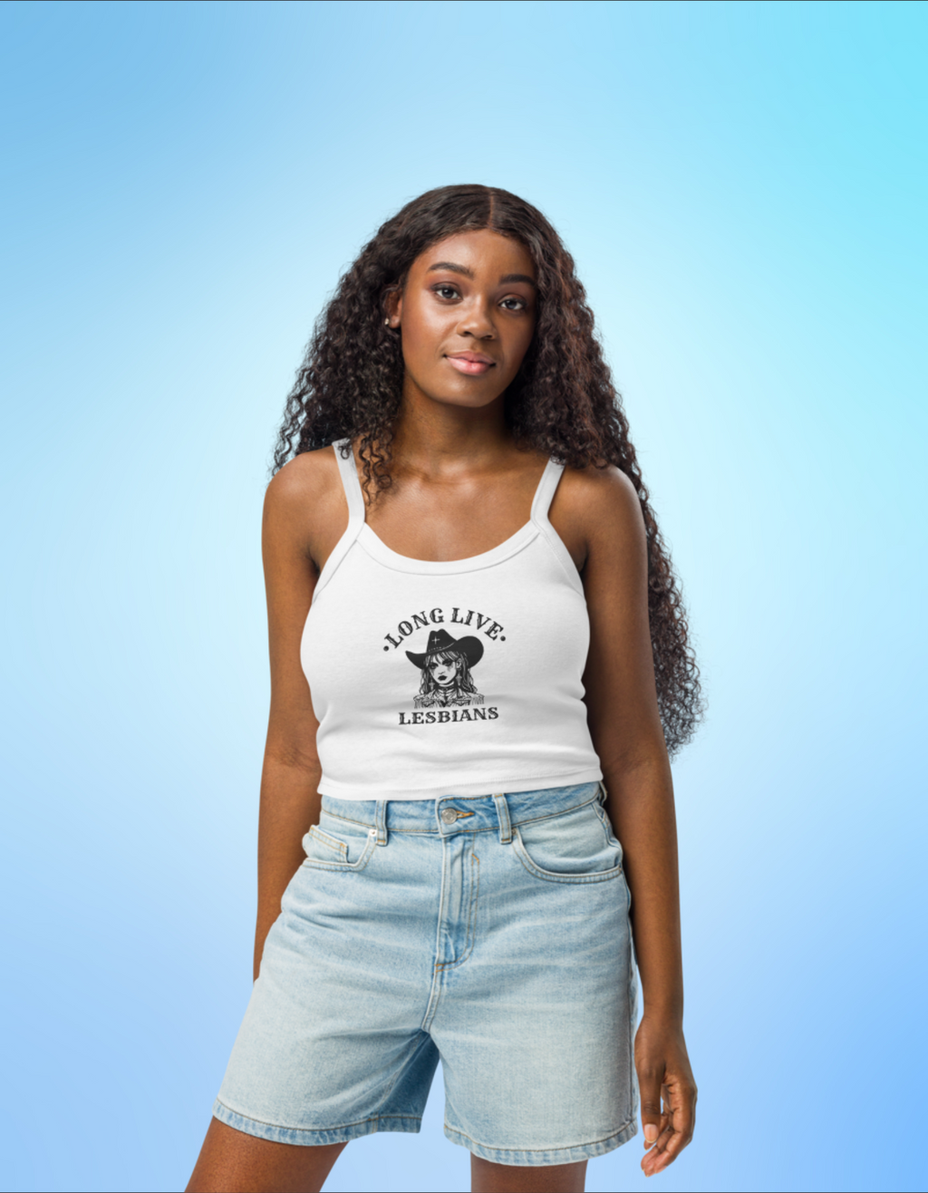 Tank top with ‘Long Live Lesbians’ text and cowgirl illustration on the front