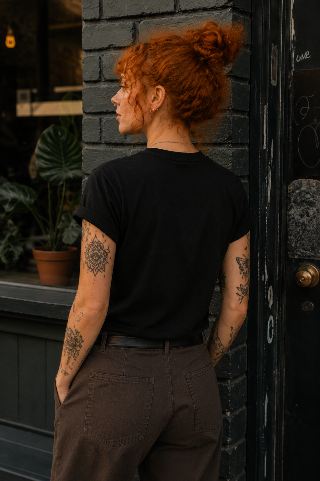 A woman with red hair in a bun stands with her back to the camera, wearing a black short-sleeve t-shirt and brown pants, posing in front of a dark brick wall and door.