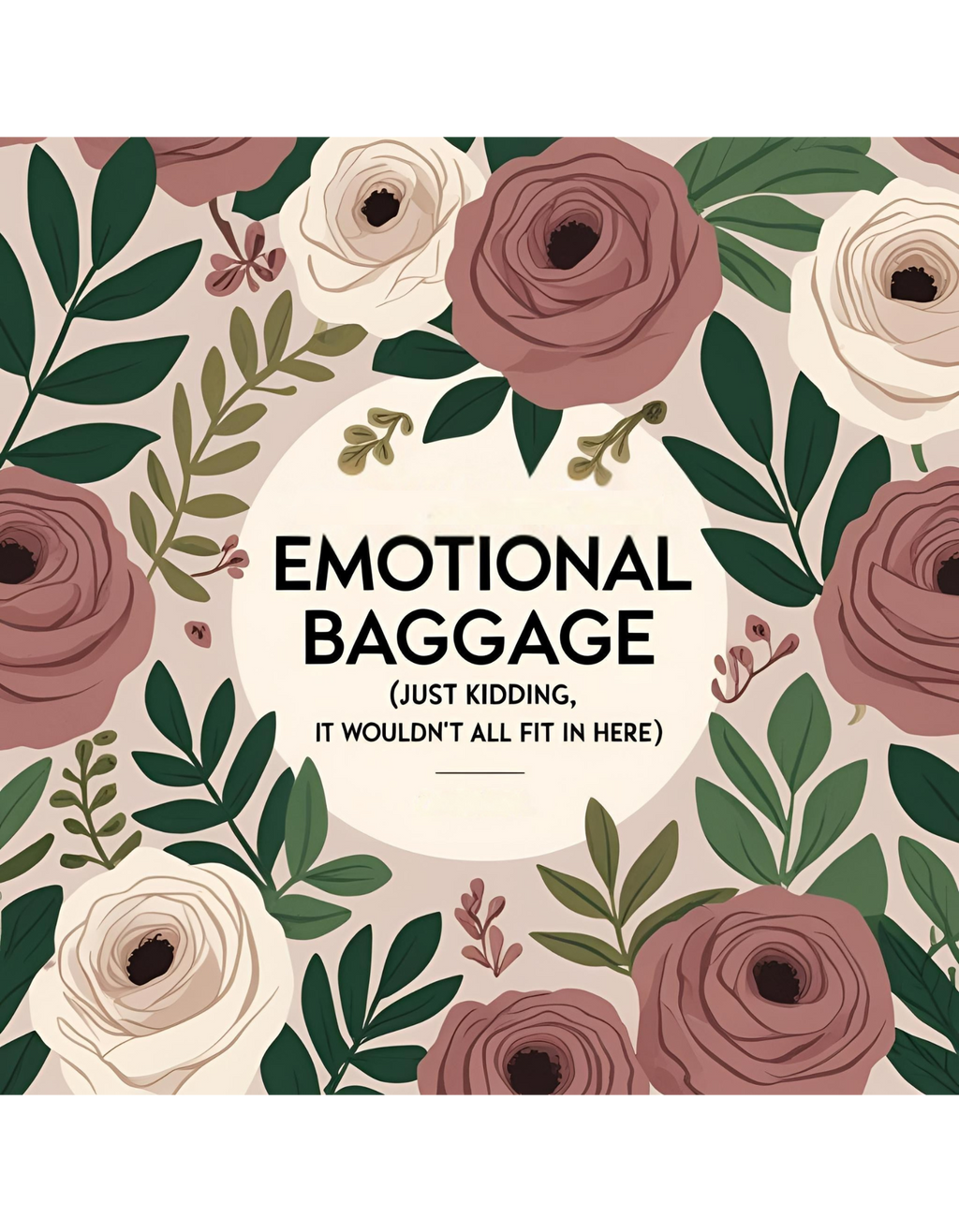 Black canvas tote bag with black text that reads “Emotional baggage… just kidding, it wouldn’t fit here” – laid flat on a wooden surface