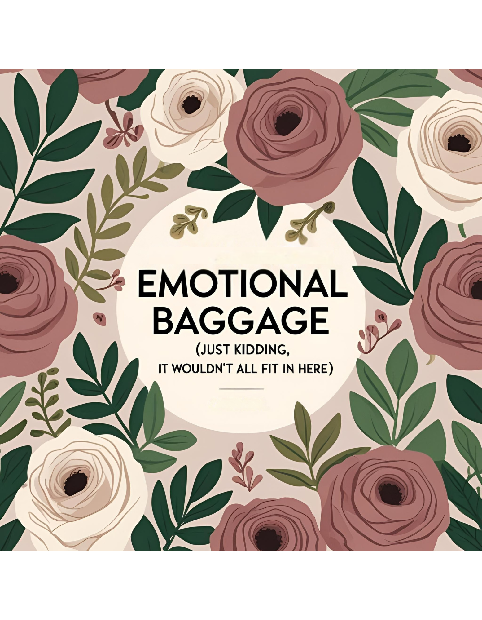 Black canvas tote bag with black text that reads “Emotional baggage… just kidding, it wouldn’t fit here” – laid flat on a wooden surface