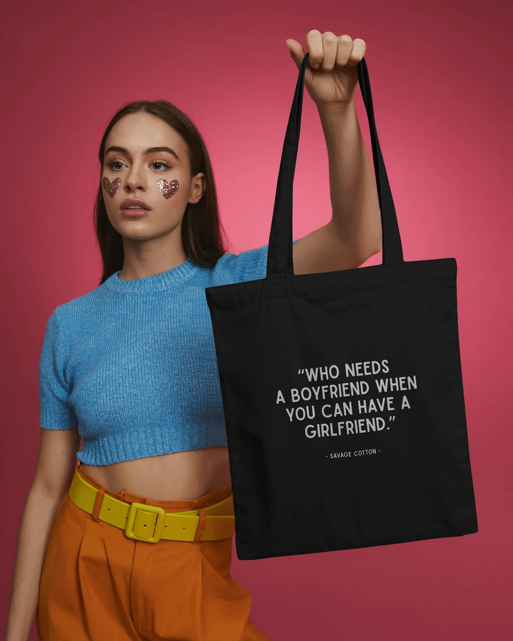Organic cotton tote bag with “Who Needs a BF When You Can Have a GF?” slogan, queer lesbian tote bag by Savage Cotton