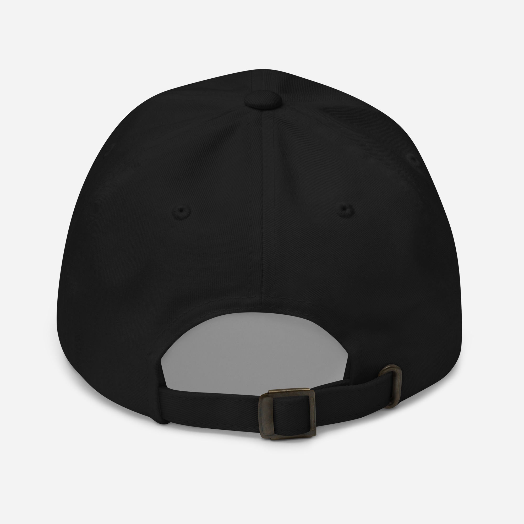 Black cap with a gray patch on the back against a light gray background