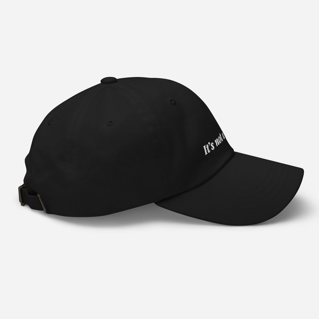 Black cap with text on a light gray background