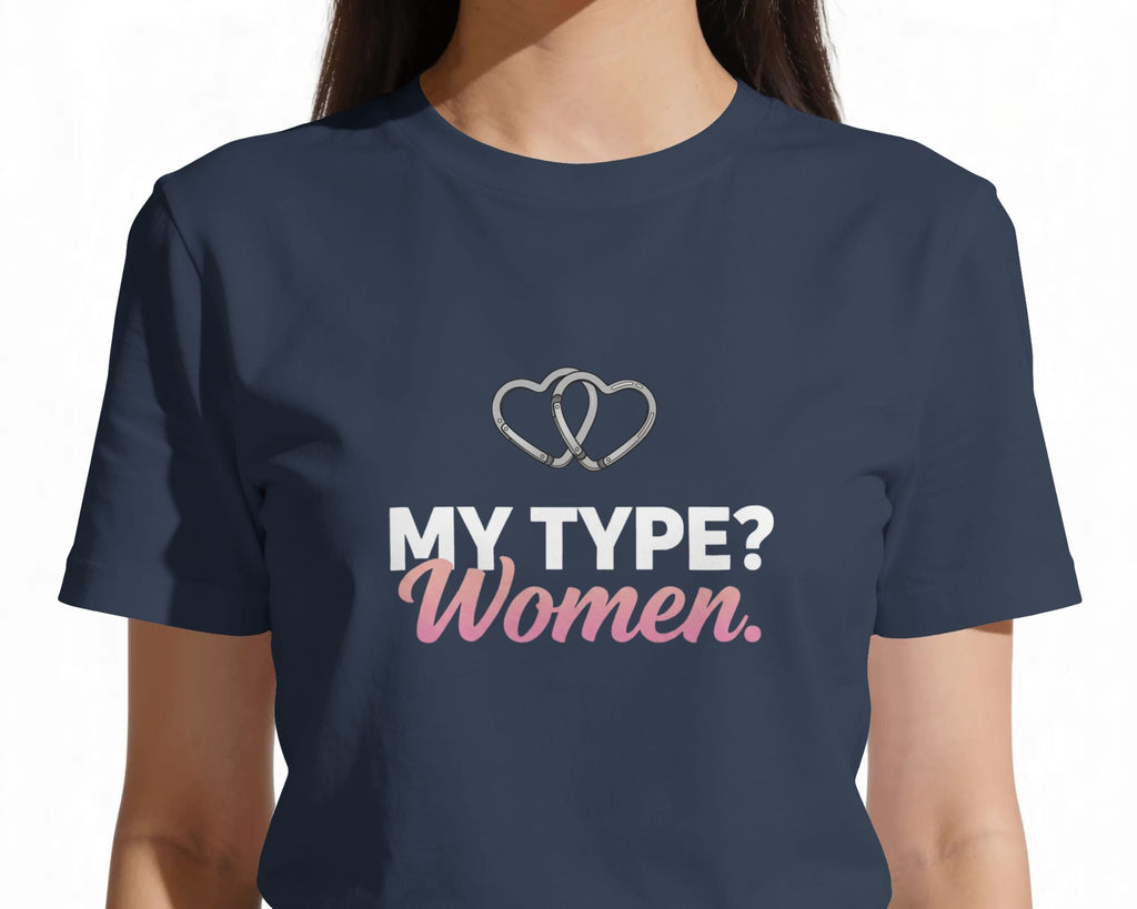 Navy blue t-shirt with 'My Type? Women.' text and heart graphics on a plain background