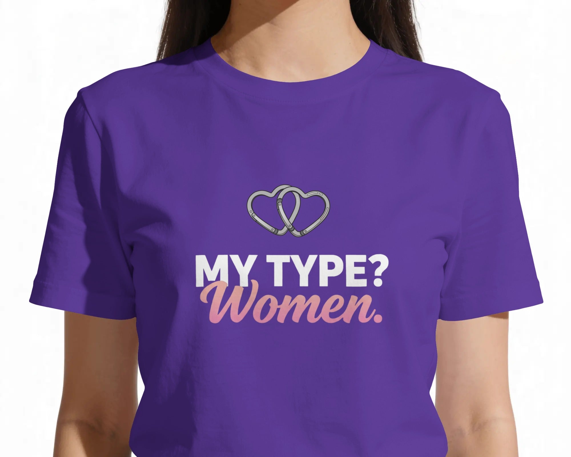 Purple t-shirt with 'MY TYPE? Women' text and hearts design on a white background