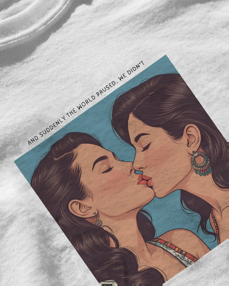 WLW lesbian couple bold kiss on Savage Cotton tee