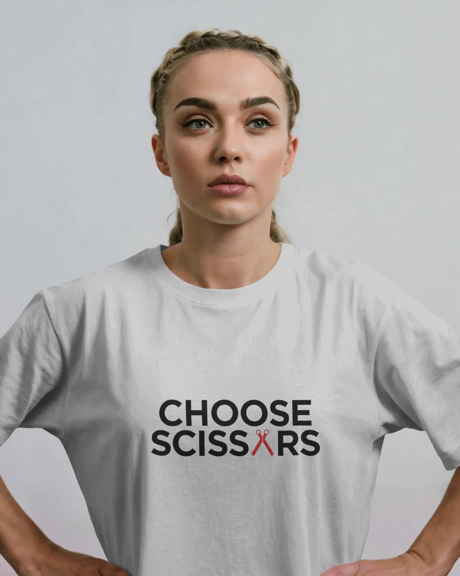 Choose Scissors slogan printed on a unisex t-shirt with minimalist typography