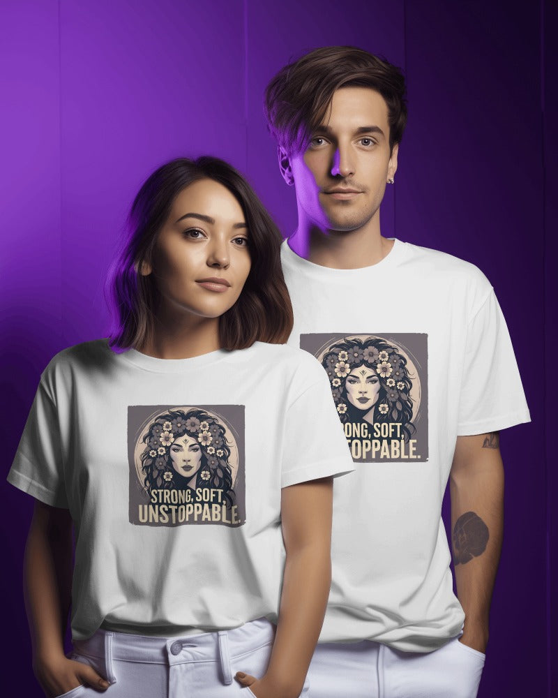 Two people wearing white t-shirts with graphic designs and text on a purple background