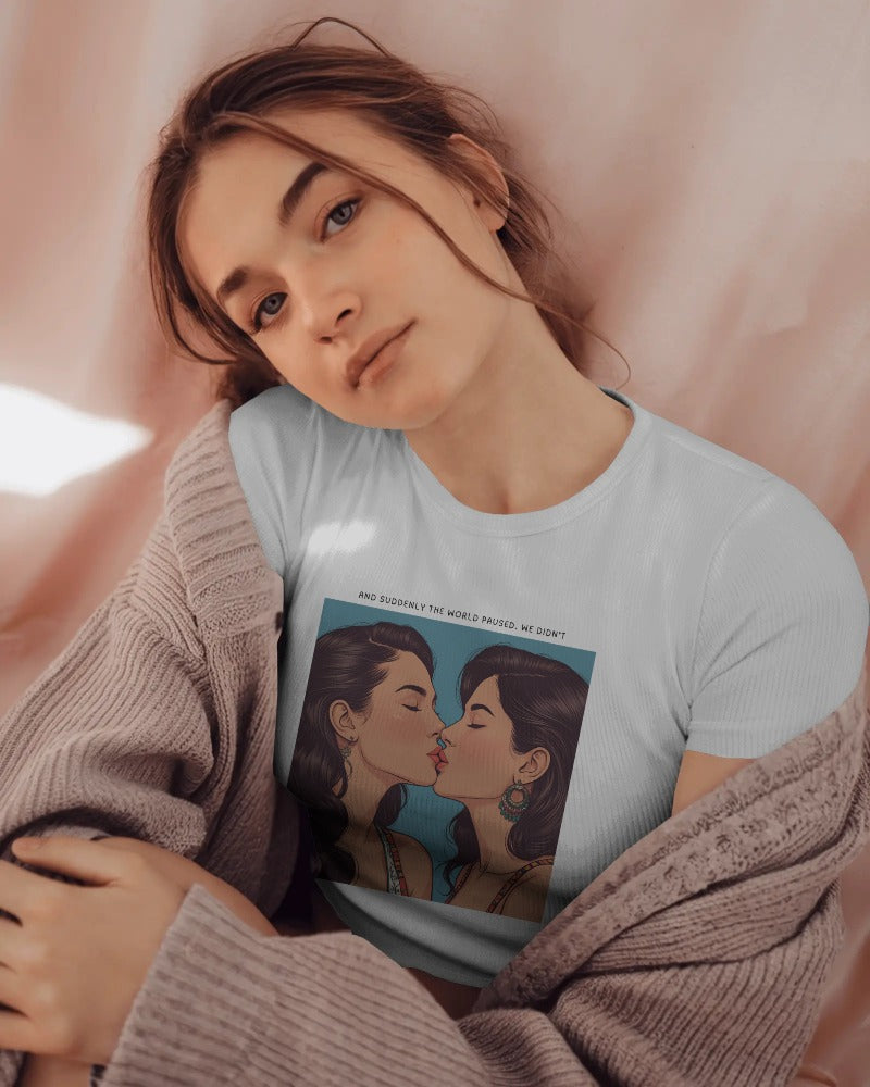 WLW lesbian couple bold kiss on Savage Cotton tee
