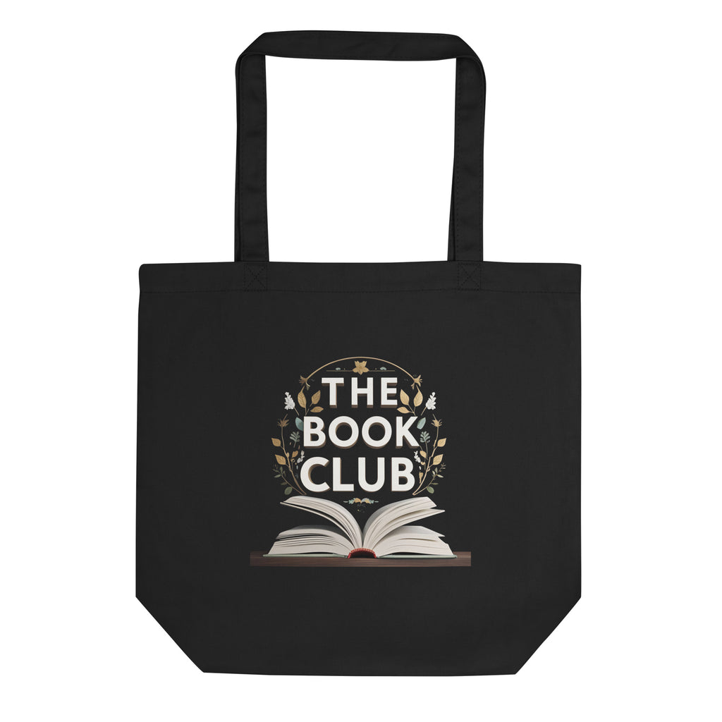 Black tote bag with 'The Book Club' design on a white background