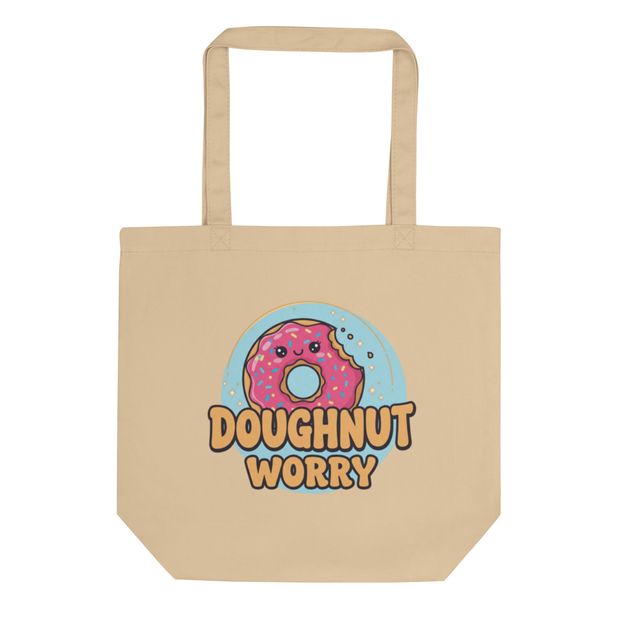 Beige tote bag with a colorful donut graphic and 'Doughnut Worry' text on a white background