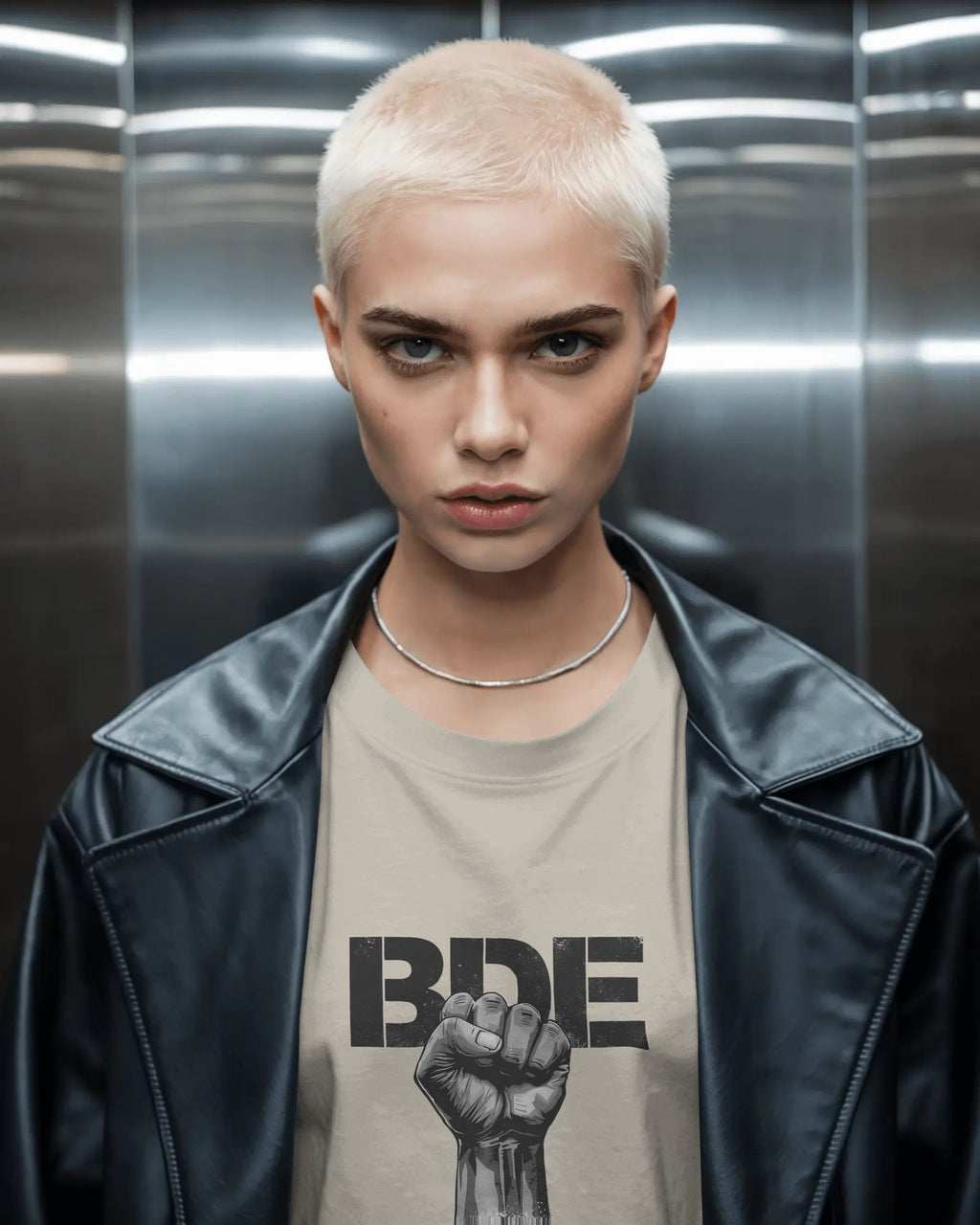 Masc lesbian wearing oversized BDE queer slogan t shirt