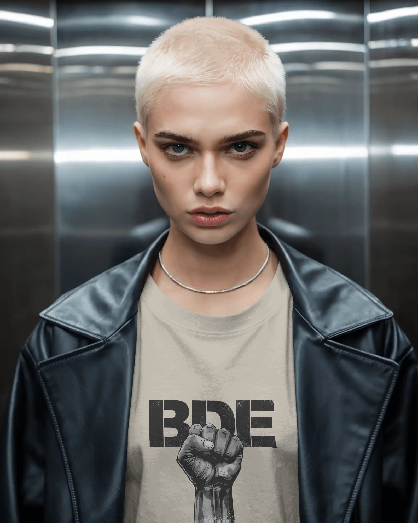 Masc lesbian wearing oversized BDE queer slogan t shirt