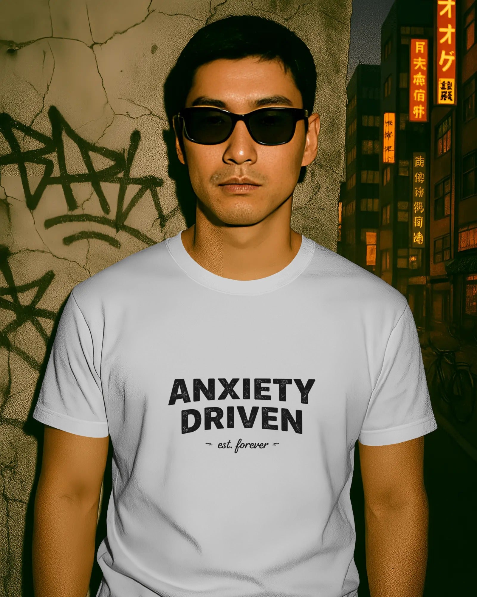 Anxiety Driven slogan printed on a unisex t-shirt with bold minimalist typography