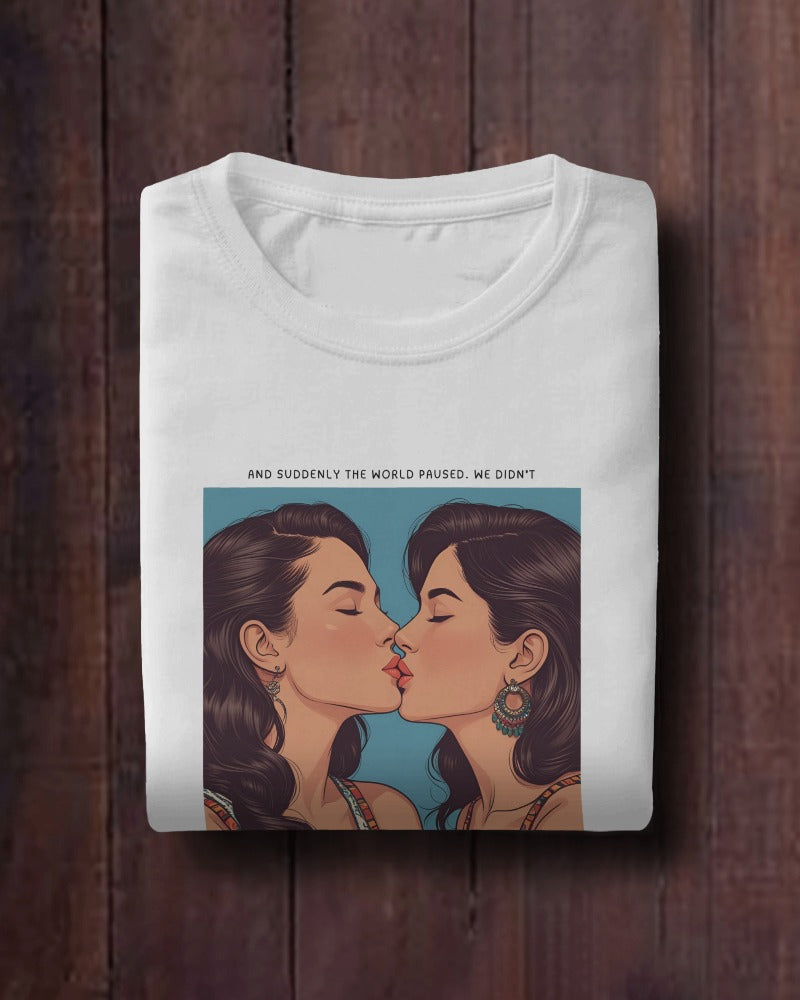 WLW lesbian couple bold kiss on Savage Cotton tee