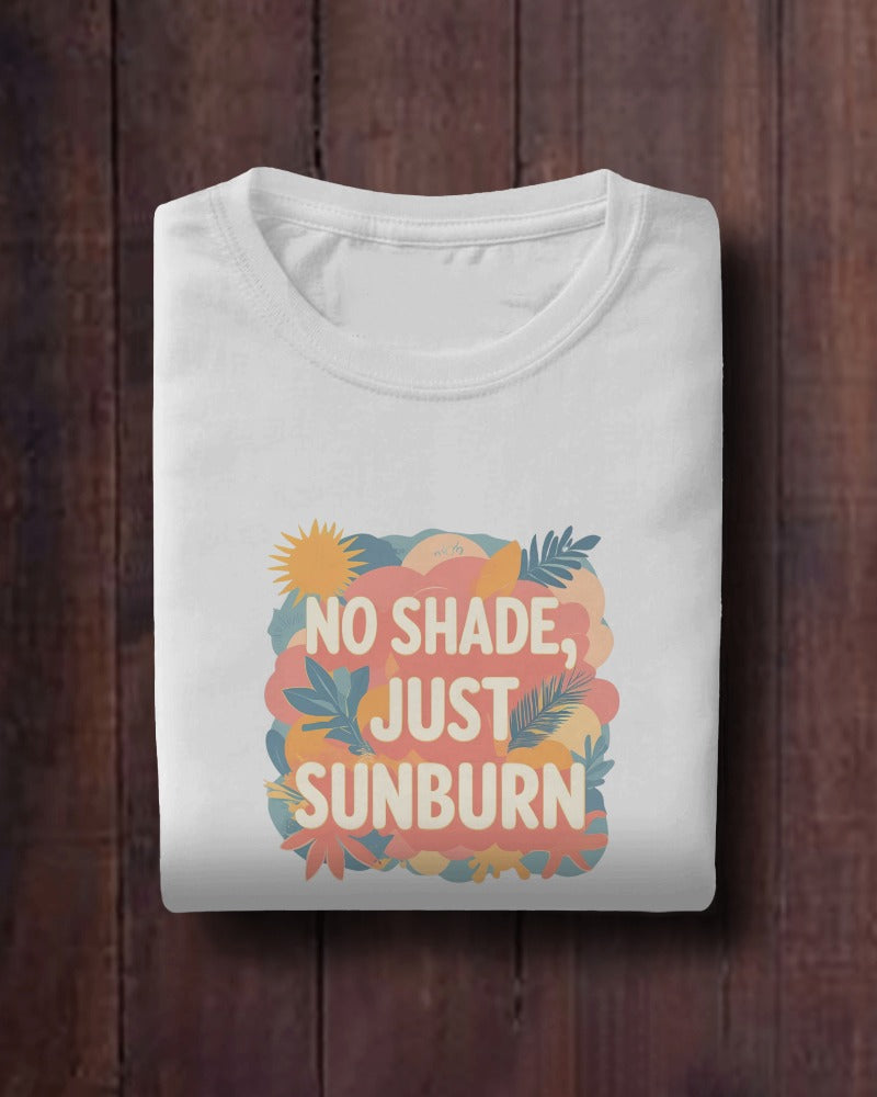 Model wearing No Shade, Just Sunburn slogan T-shirt by Savage Cotton in sunshine yellow, styled with sunglasses and a Pride flag