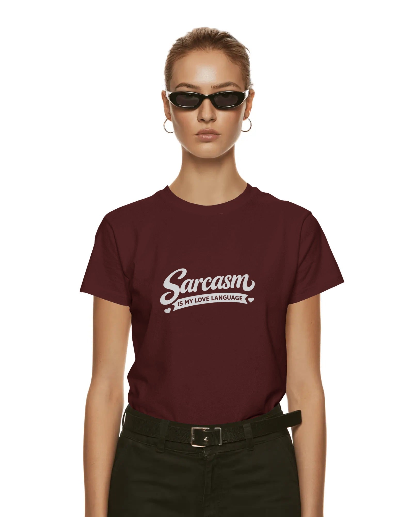 Sarcasm Is My Love Language slogan printed on a unisex t-shirt with bold, minimal typography