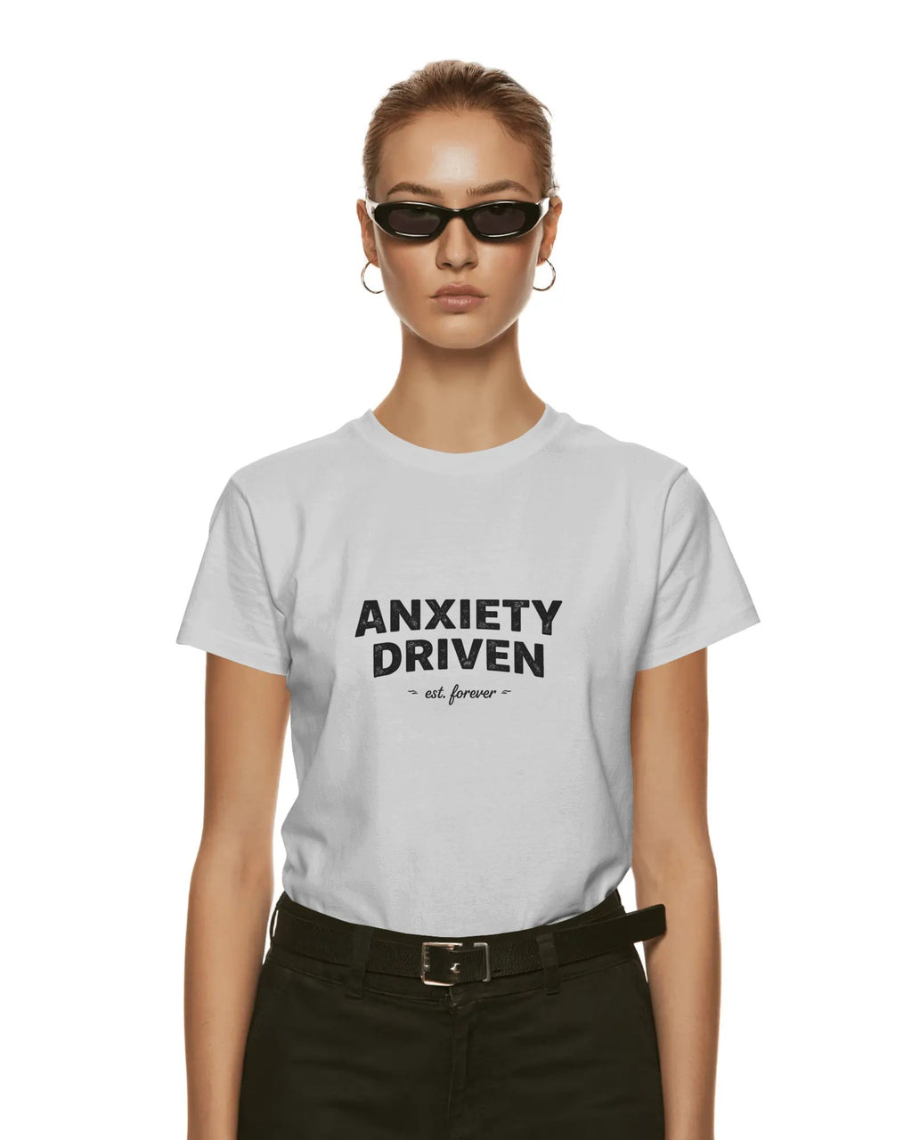 Anxiety Driven slogan printed on a unisex t-shirt with bold minimalist typography