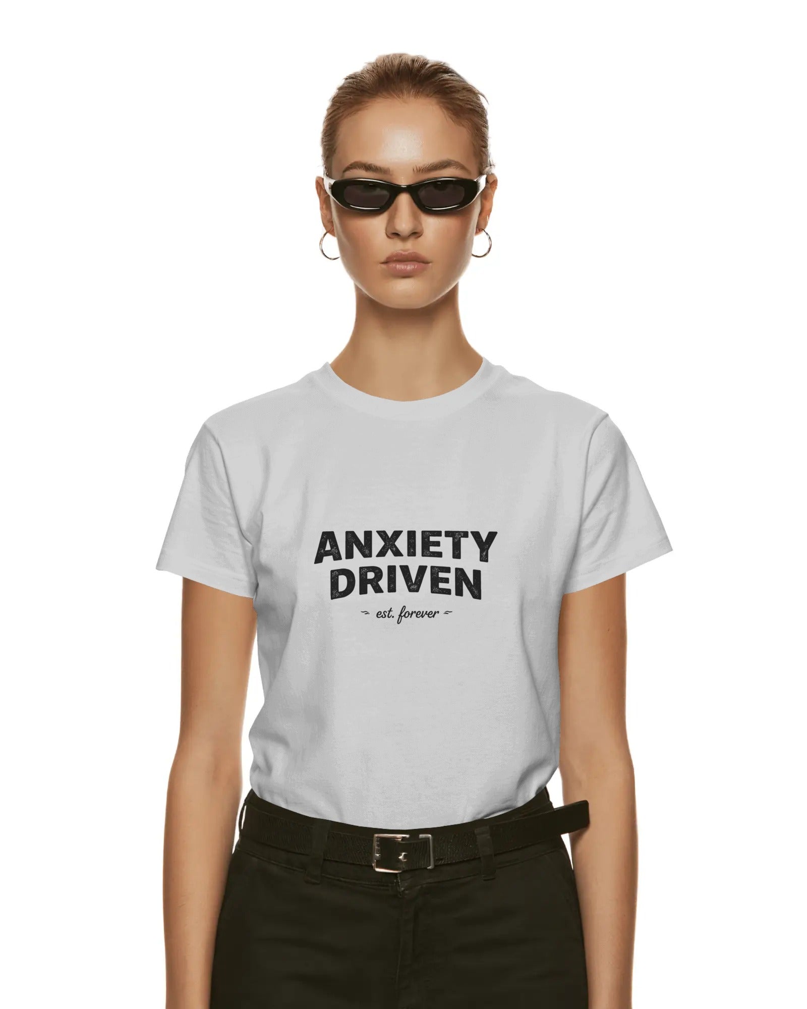 Anxiety Driven slogan printed on a unisex t-shirt with bold minimalist typography