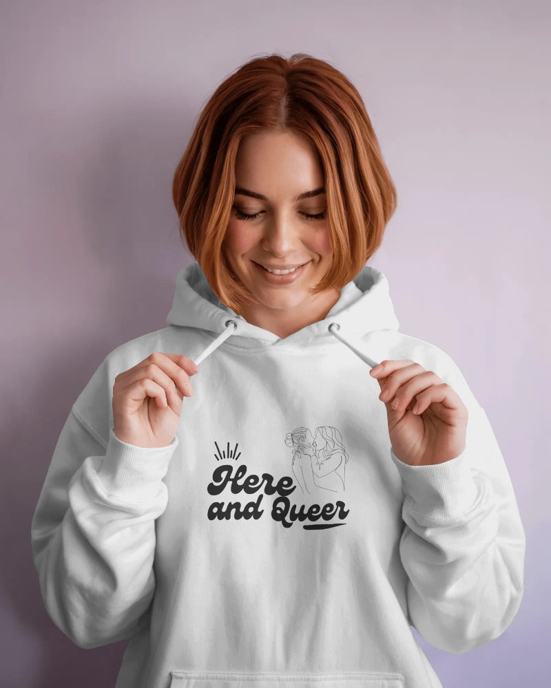 Here and Queer unisex Pride hoodie by Savage Cotton