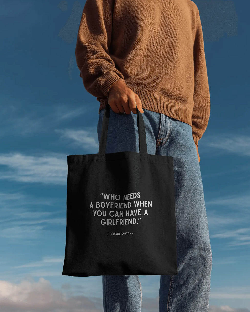 Organic cotton tote bag with “Who Needs a BF When You Can Have a GF?” slogan, queer lesbian tote bag by Savage Cotton
