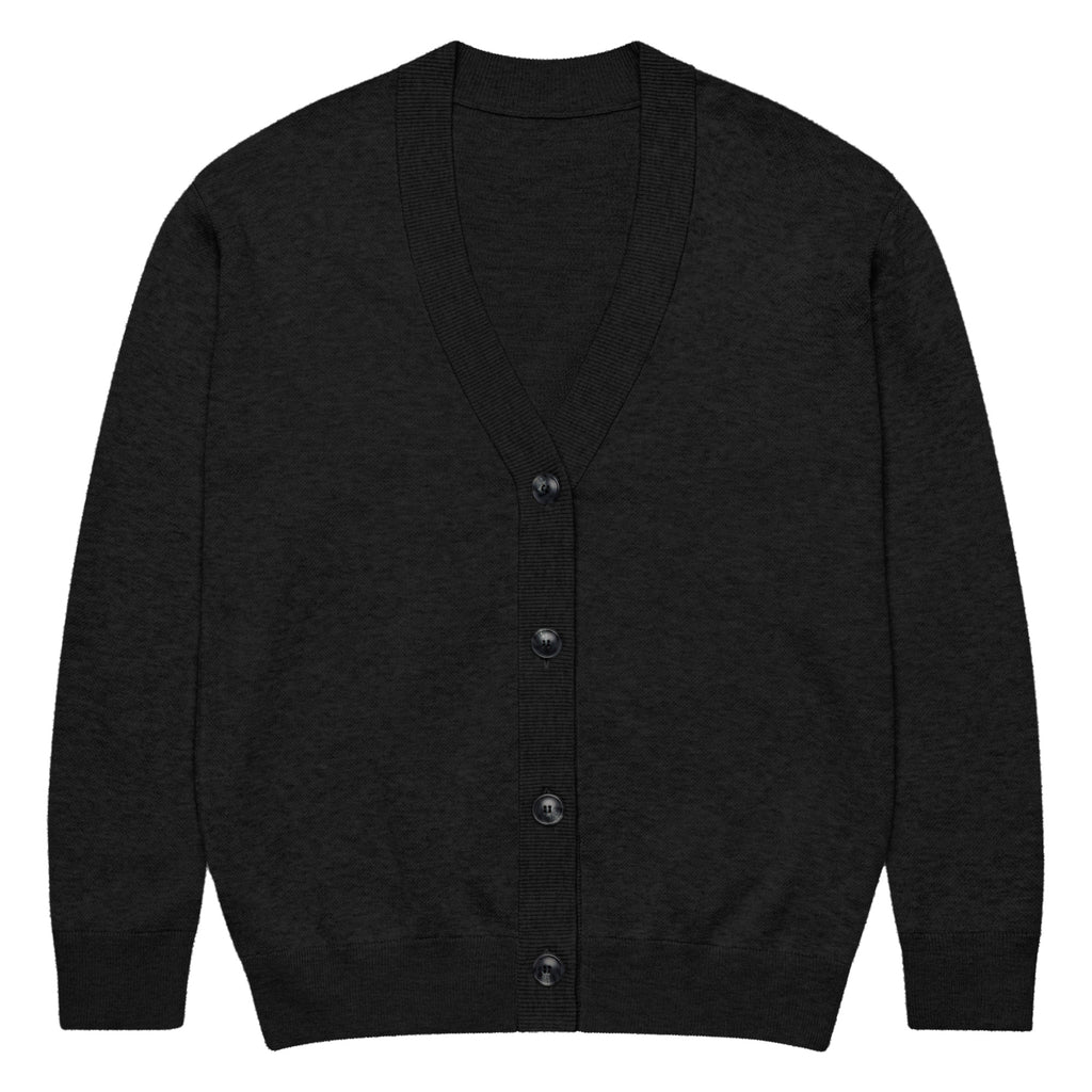 Black cardigan with buttons on a white background