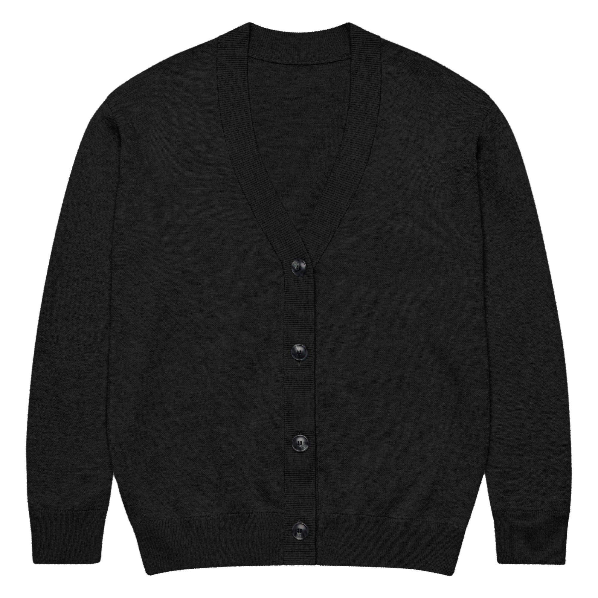 Black cardigan with buttons on a white background
