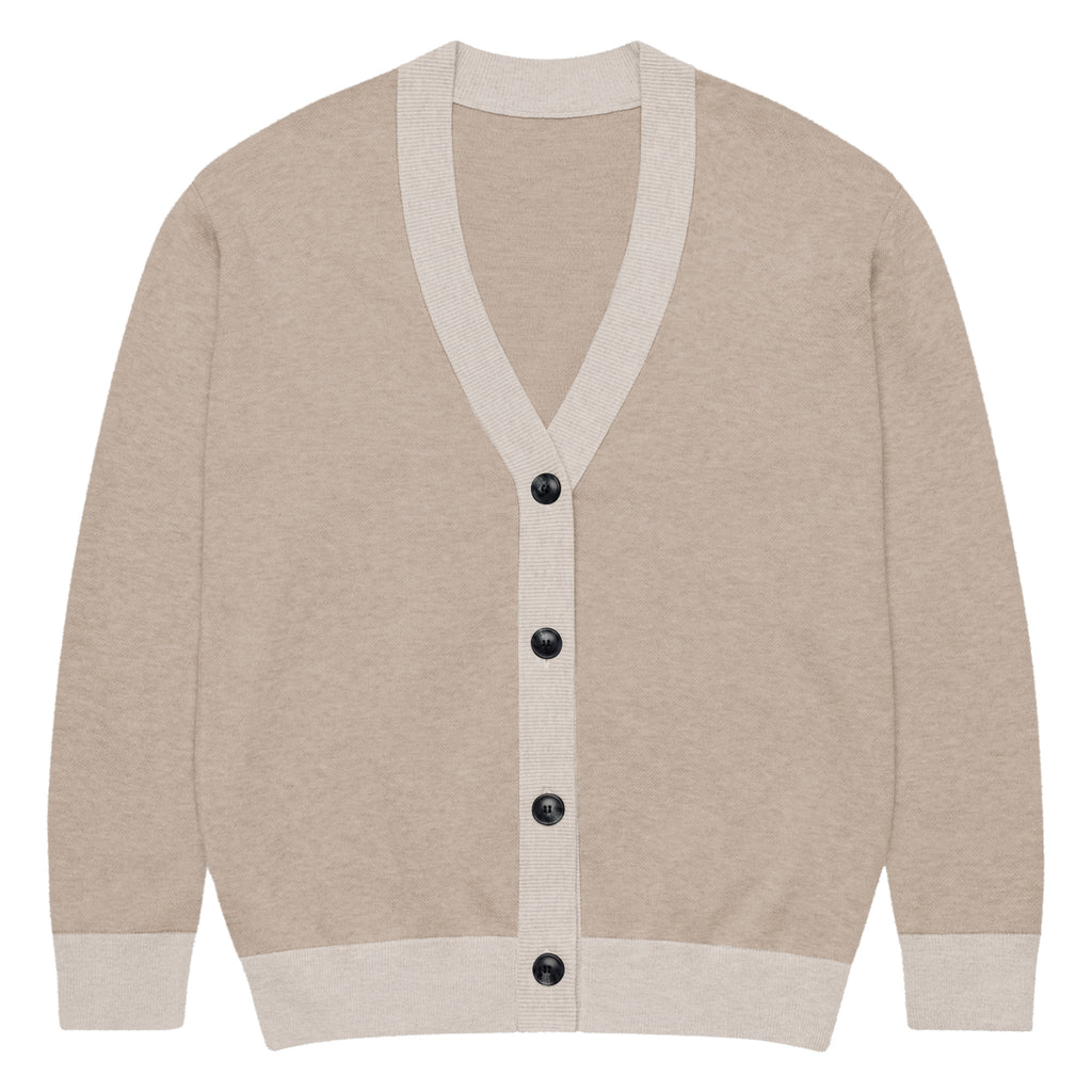 Beige cardigan with black buttons on a white background