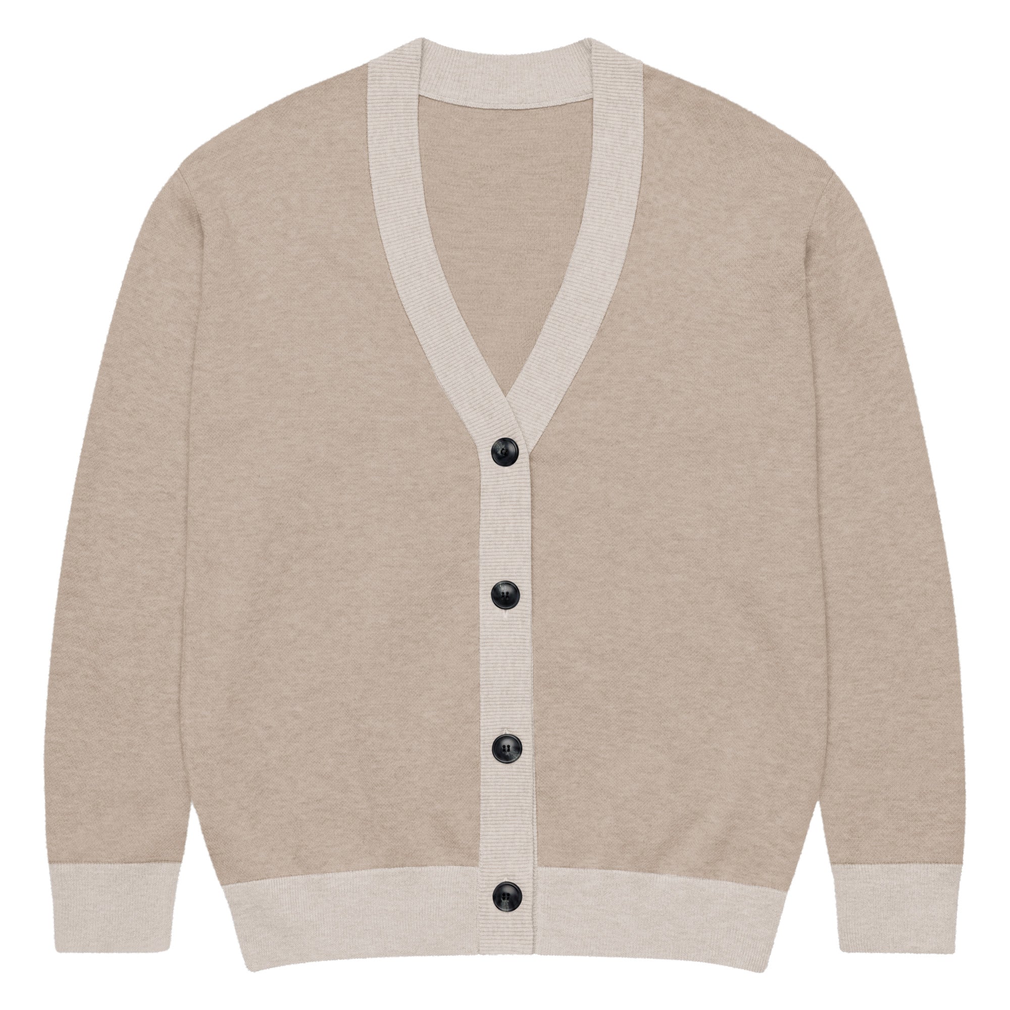 Beige cardigan with black buttons on a white background