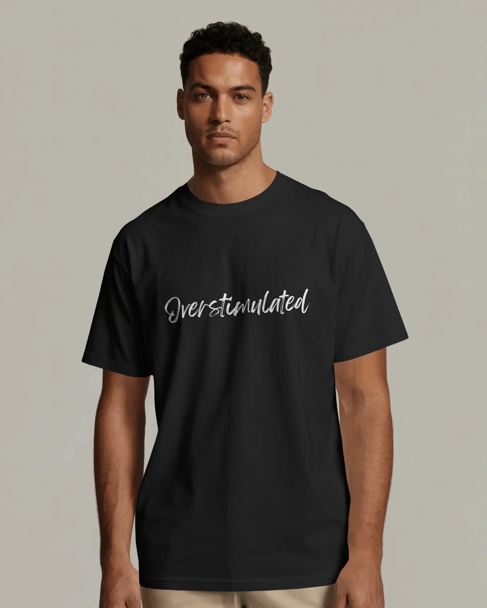 Oversized Overstimulated t-shirt styled casually, expressive mental health slogan fashion