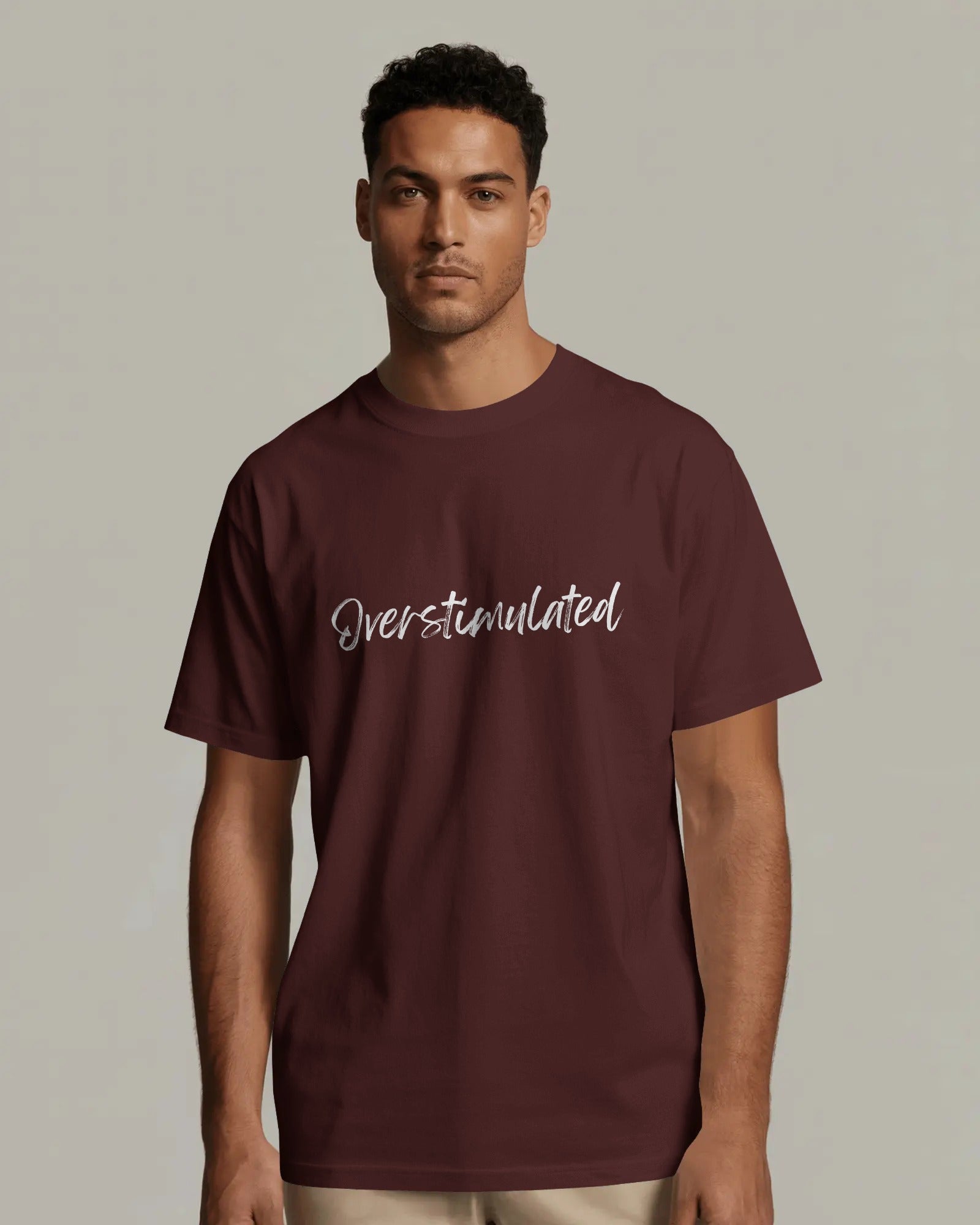 Oversized Overstimulated t-shirt styled casually, expressive mental health slogan fashion