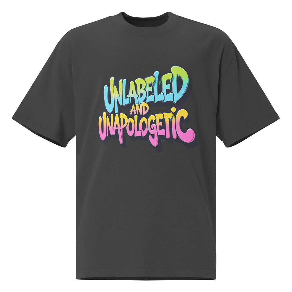 Black t-shirt with colorful 'UNLabeled and UNapologetic' text on a white background