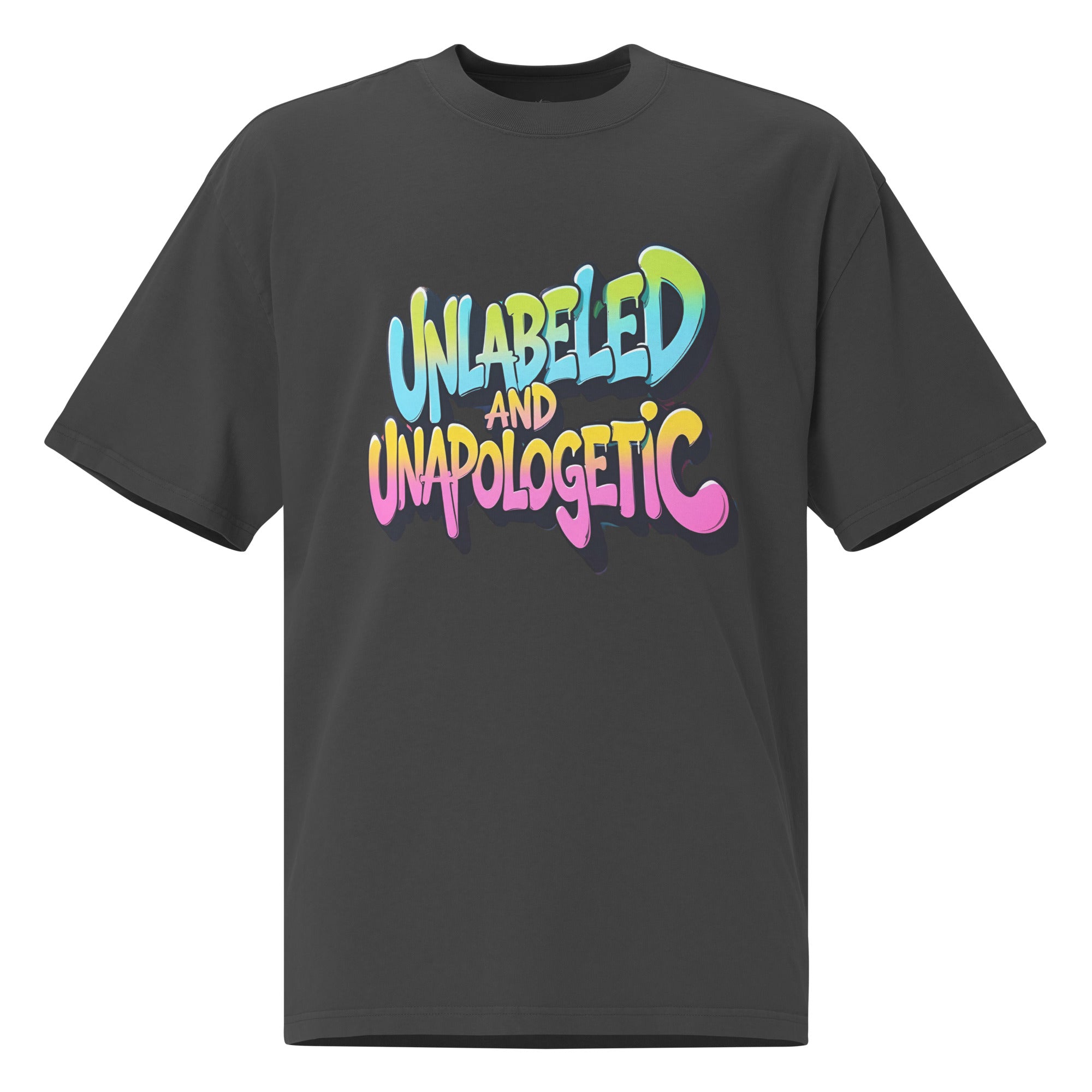 Black t-shirt with colorful 'UNLabeled and UNapologetic' text on a white background