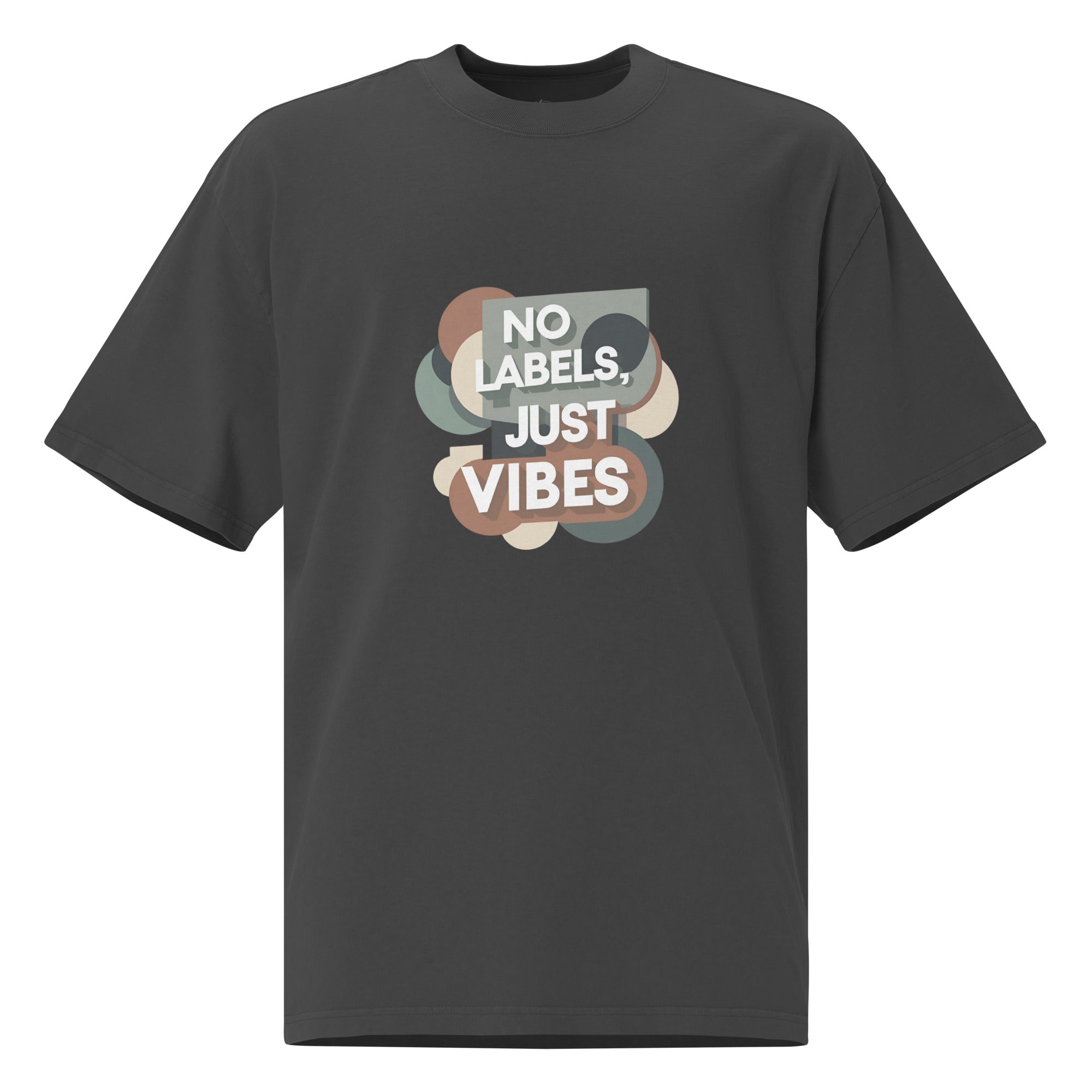 Black t-shirt with 'No Labels, Just Vibes' text design on a white background