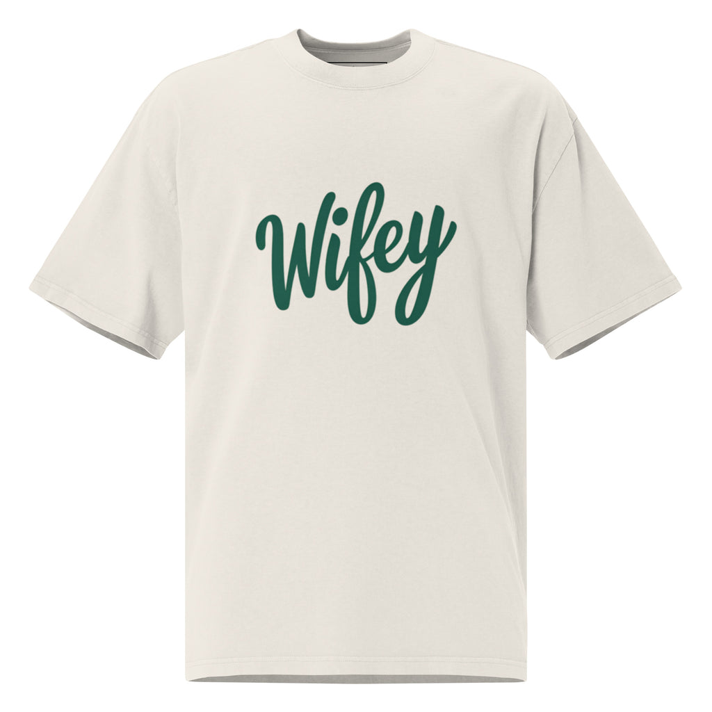 Beige t-shirt with 'Wifey' printed in green on a white background