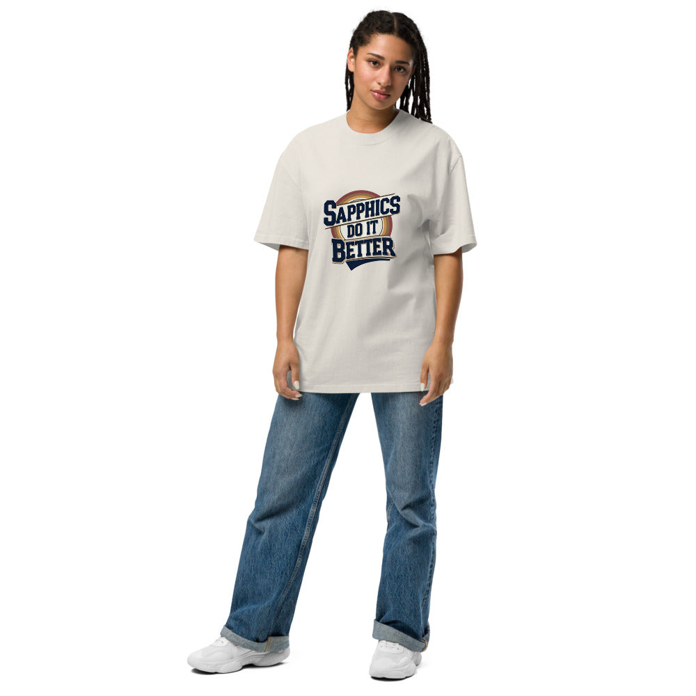 Person wearing a white t-shirt with text and blue jeans on a white background
