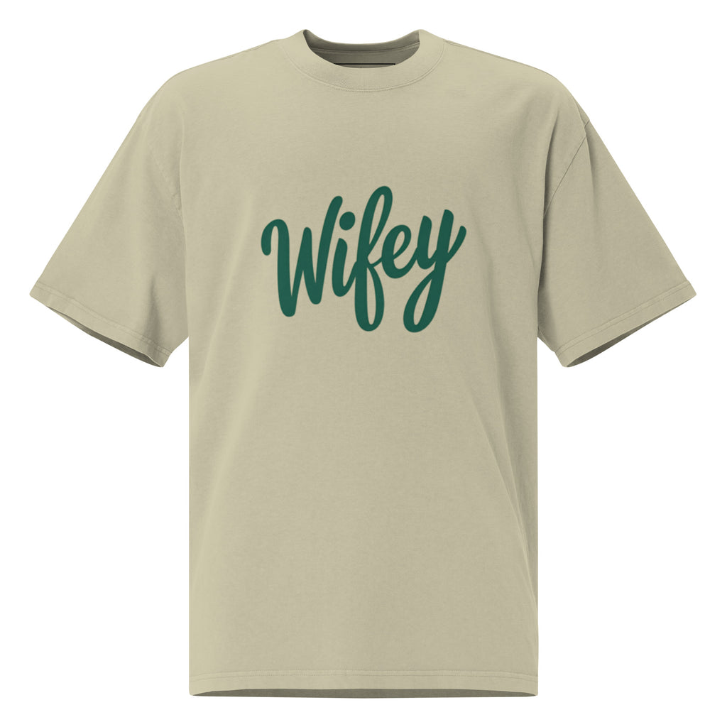 Beige t-shirt with 'Wifey' printed in green on a white background
