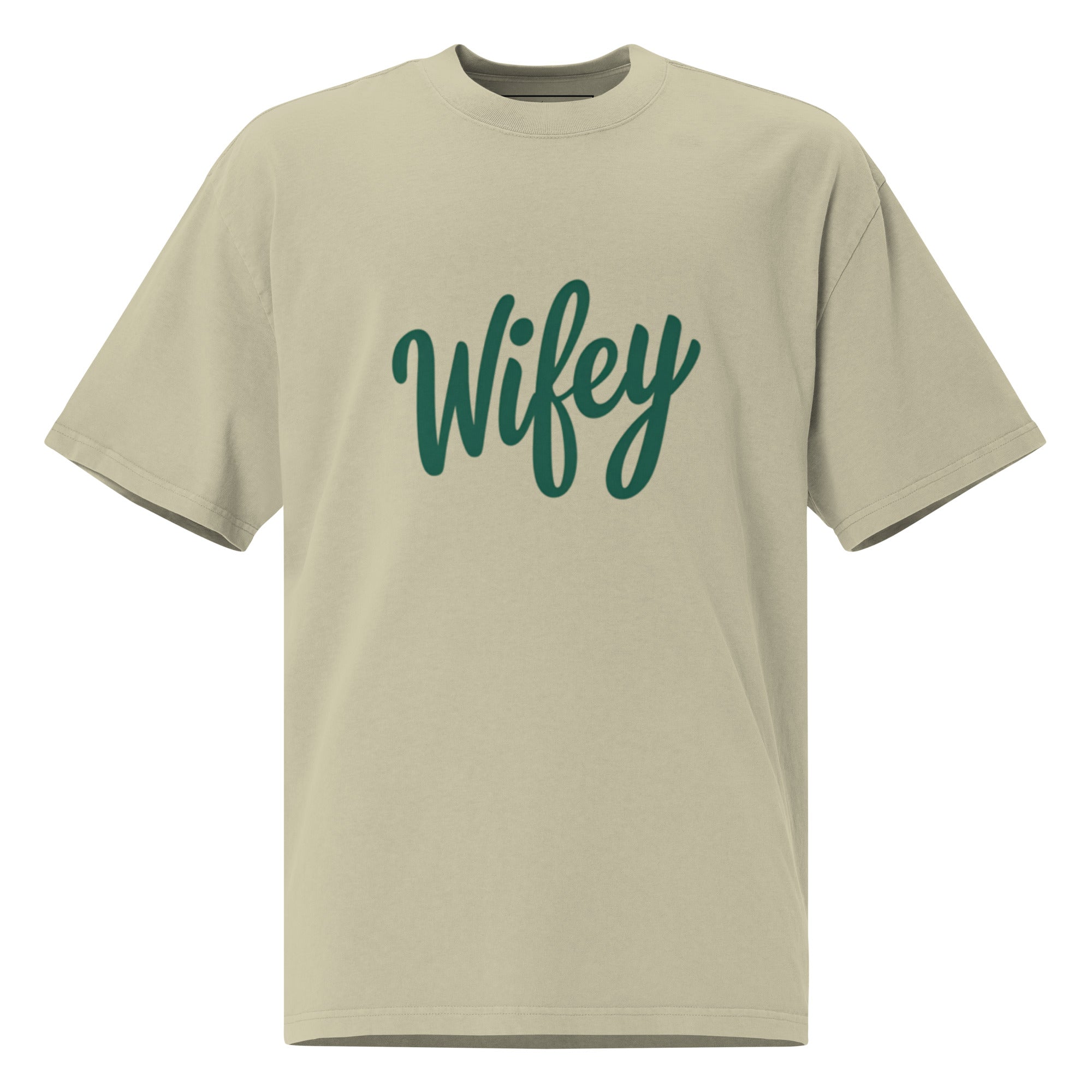 Beige t-shirt with 'Wifey' printed in green on a white background