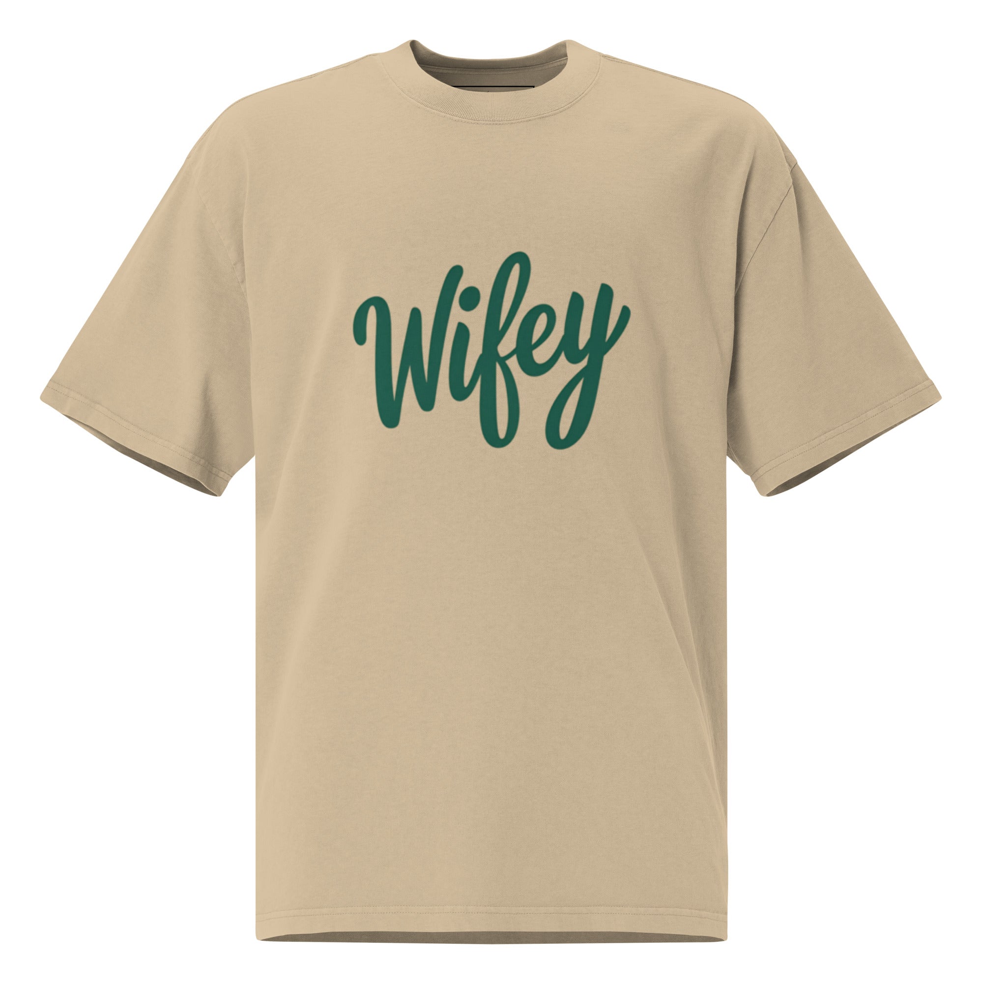 Beige t-shirt with 'Wifey' printed in green on a white background