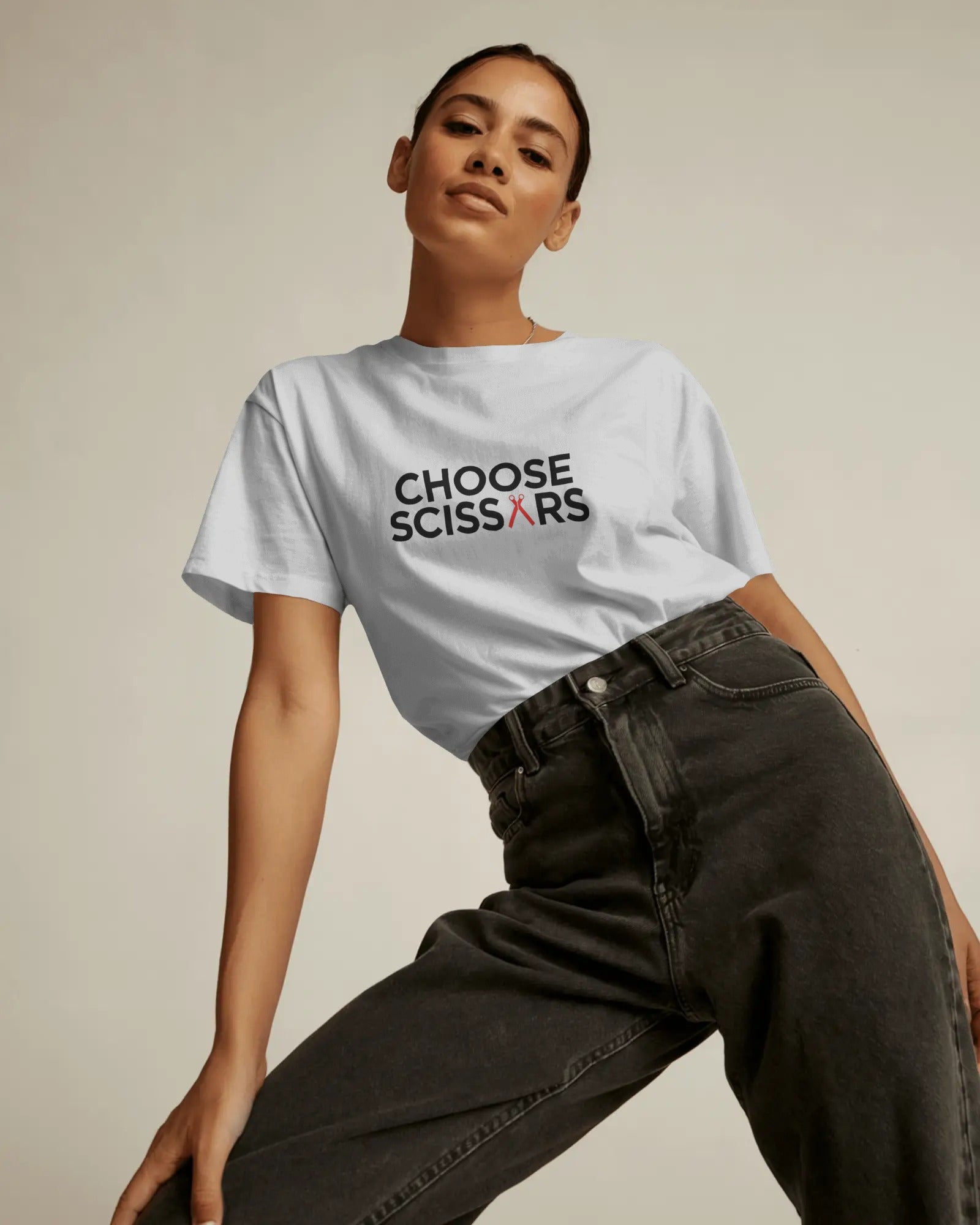 Choose Scissors slogan printed on a unisex t-shirt with minimalist typography