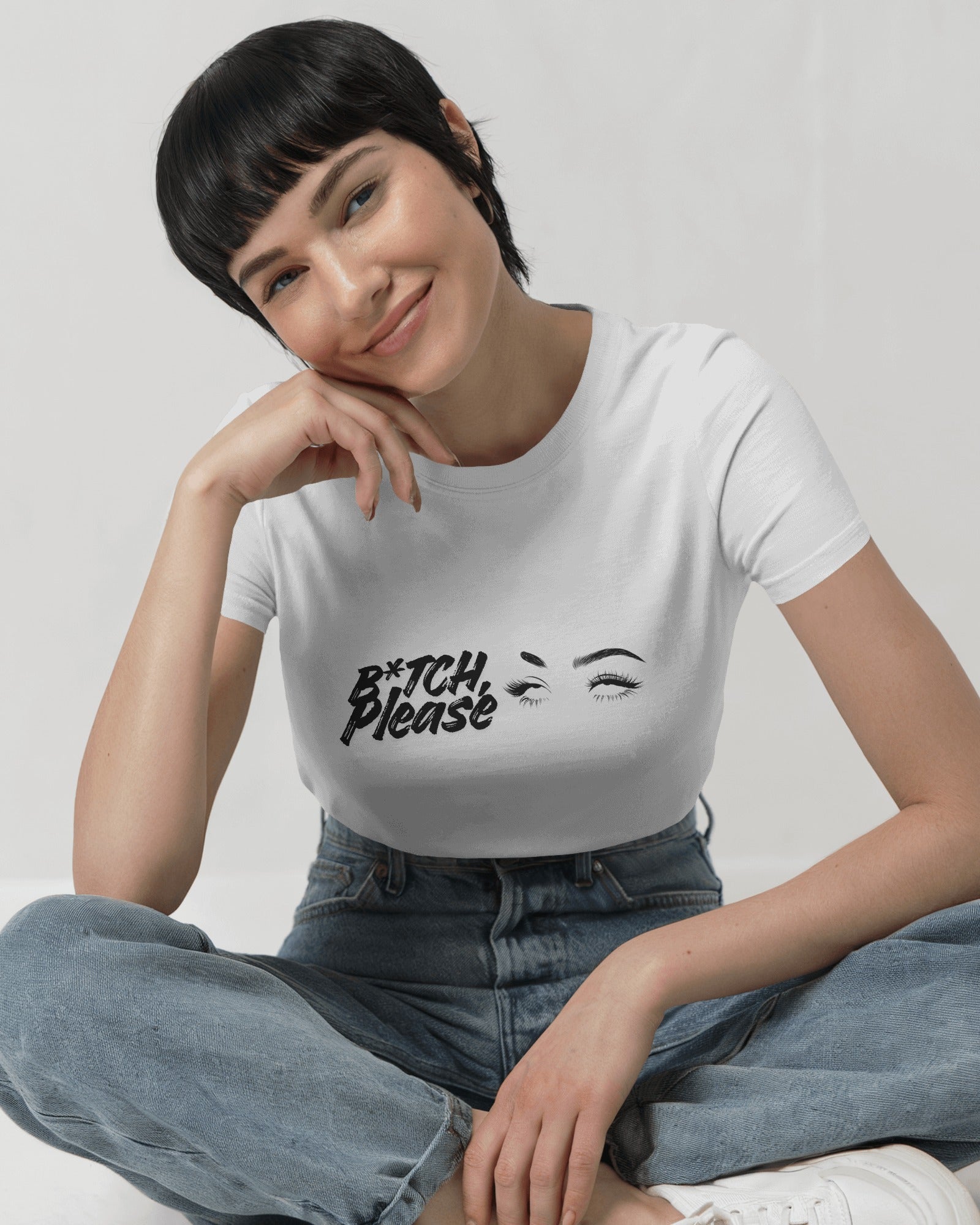 Close-up of B*tch, Please graphic t-shirt styled casually, expressive slogan fashion
